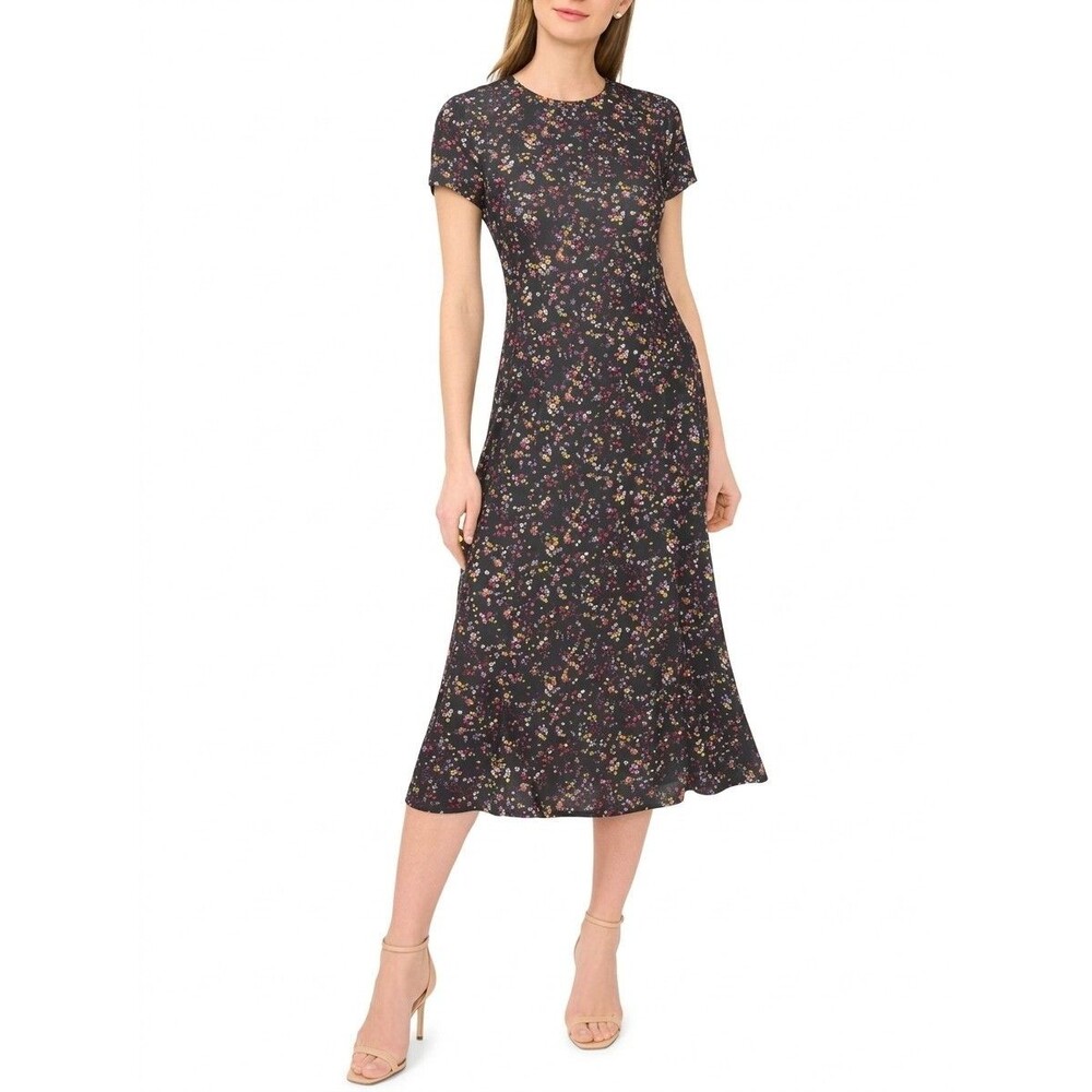 Ted Baker Floral Midi Dress Black Multicolor Round Neck Cap Sleeve Zip Size 4